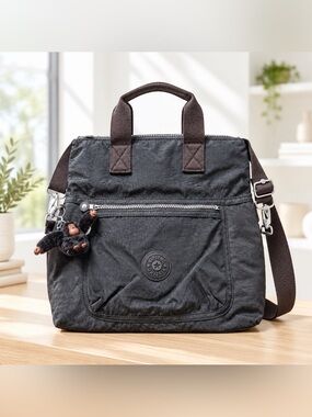 Kipling Black Eleva Convertible Nylon Shoulder Bag w/Monkey Charm & Zip Pockets